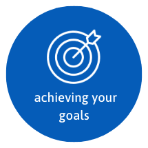 blue icon saying achieving your goals