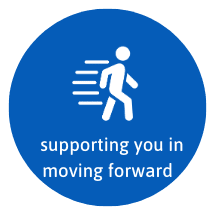 blue icon saying supporting you in moving fowards